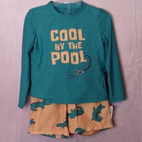 Carter's Orange and Teal Alligator Print Rashguard and Swim Trunks Matching Set - Picture 1 of 7
